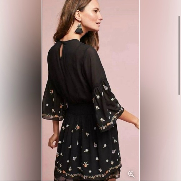 Anthropologie Maeve Anfisa Peasant Dress 4 Black Embroidered Smocked Sheer Boho - Picture 3 of 12